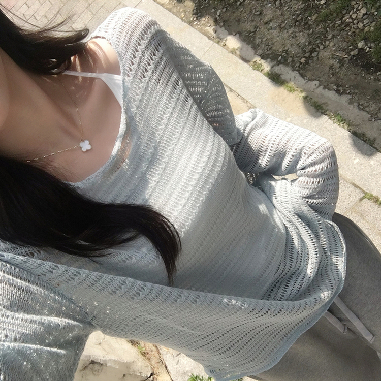 솜사탕 여름 펀칭 보트넥 긴팔 니트 그물 오프숄더 루즈핏 긴팔티 시스루 오버핏 살탐방지 상의 햇빛차단 쿨 티셔츠 5color 민트