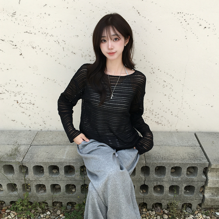 솜사탕 여름 펀칭 보트넥 긴팔 니트 그물 오프숄더 루즈핏 긴팔티 시스루 오버핏 살탐방지 상의 햇빛차단 쿨 티셔츠 5color 블랙