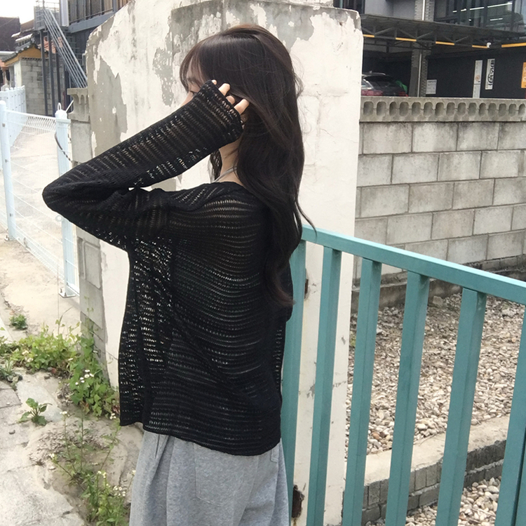 솜사탕 여름 펀칭 보트넥 긴팔 니트 그물 오프숄더 루즈핏 긴팔티 시스루 오버핏 살탐방지 상의 햇빛차단 쿨 티셔츠 5color 블랙