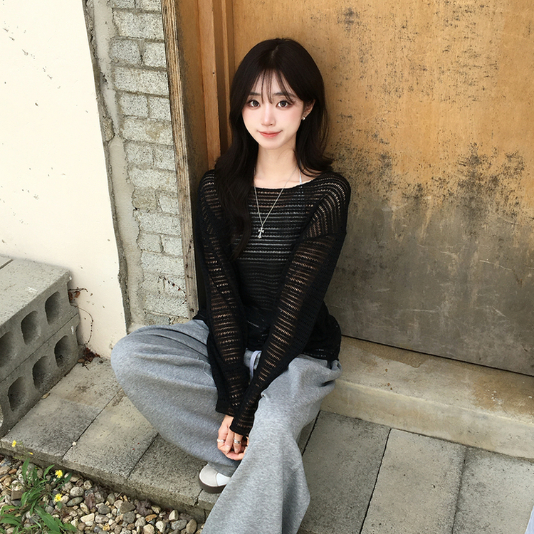 솜사탕 여름 펀칭 보트넥 긴팔 니트 그물 오프숄더 루즈핏 긴팔티 시스루 오버핏 살탐방지 상의 햇빛차단 쿨 티셔츠 5color 블랙