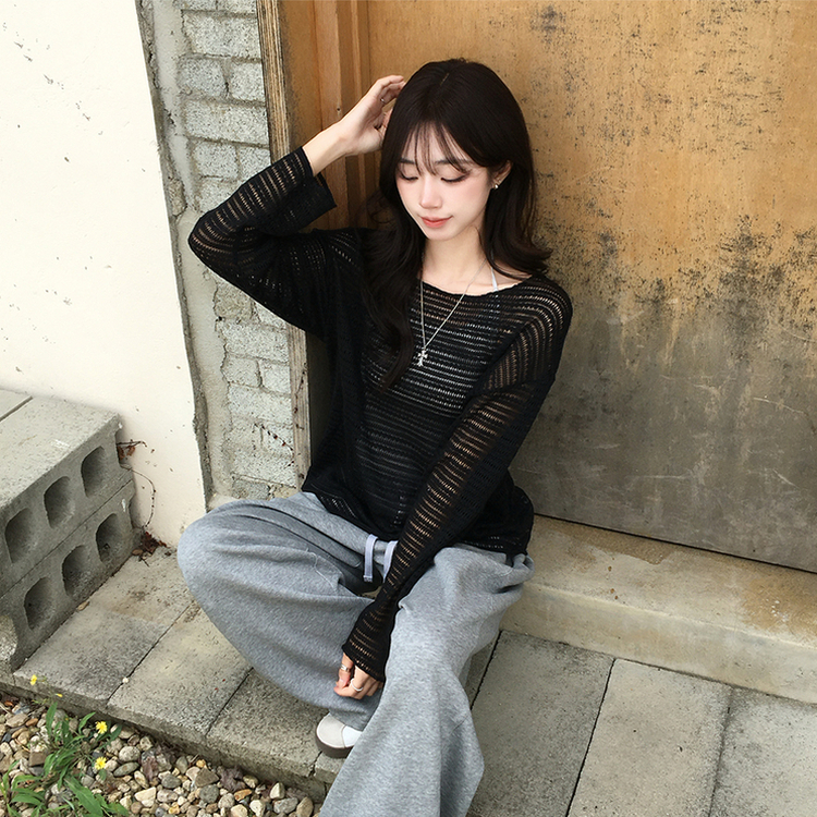 솜사탕 여름 펀칭 보트넥 긴팔 니트 그물 오프숄더 루즈핏 긴팔티 시스루 오버핏 살탐방지 상의 햇빛차단 쿨 티셔츠 5color 블랙