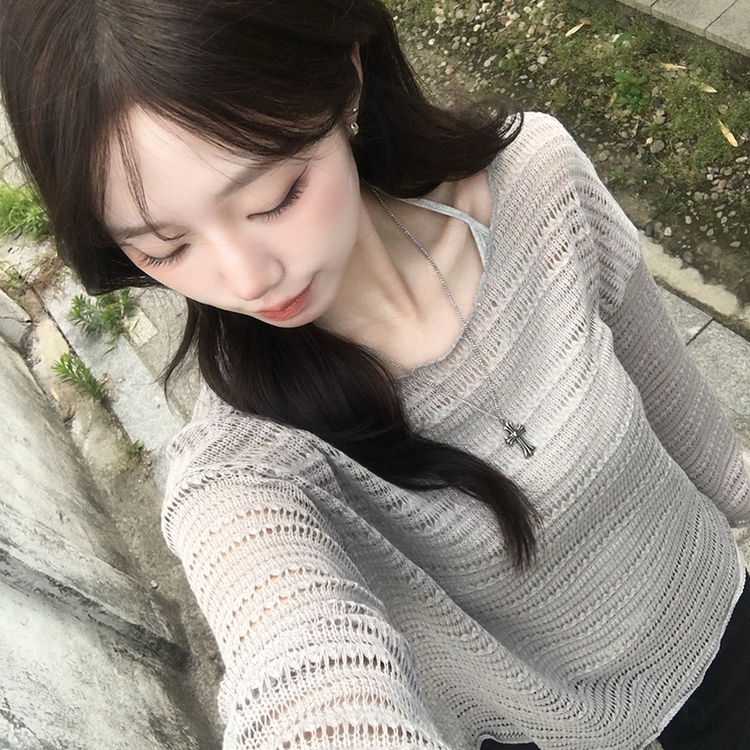 솜사탕 여름 펀칭 보트넥 긴팔 니트 그물 오프숄더 루즈핏 긴팔티 시스루 오버핏 살탐방지 상의 햇빛차단 쿨 티셔츠 5color 그레이