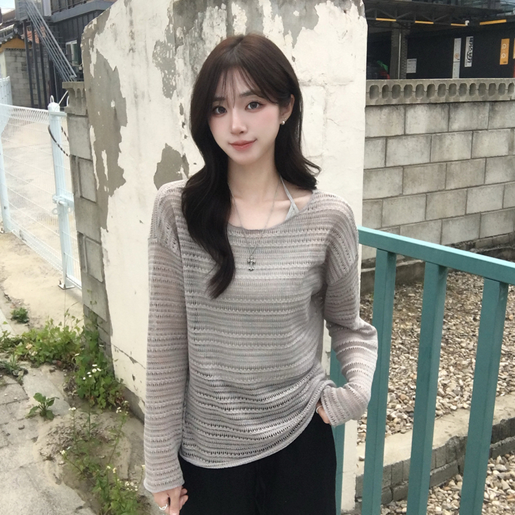 솜사탕 여름 펀칭 보트넥 긴팔 니트 그물 오프숄더 루즈핏 긴팔티 시스루 오버핏 살탐방지 상의 햇빛차단 쿨 티셔츠 5color 그레이
