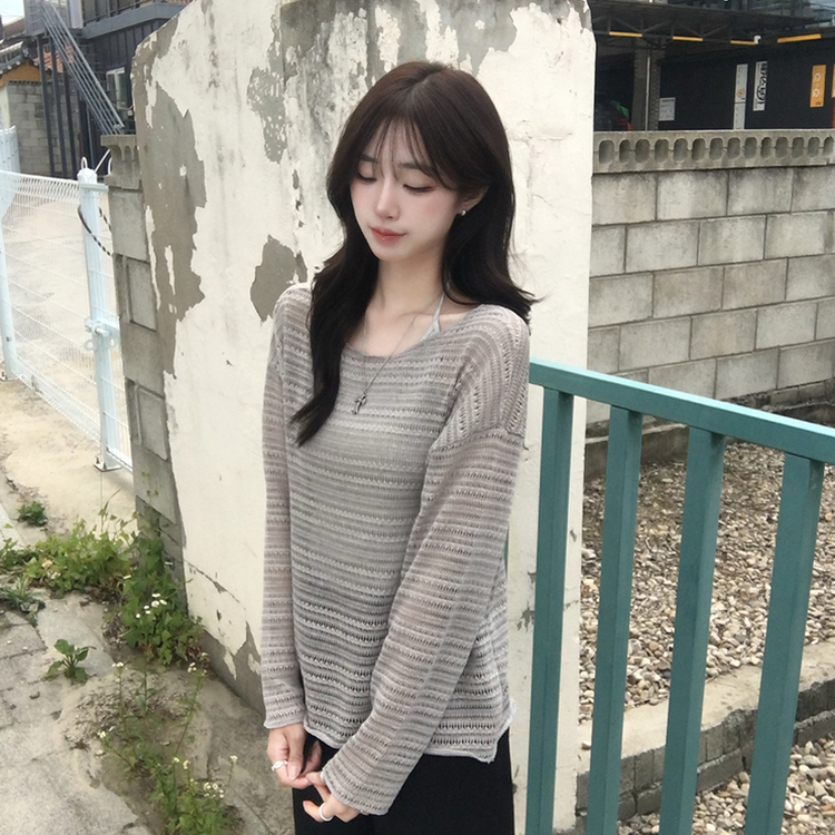 솜사탕 여름 펀칭 보트넥 긴팔 니트 그물 오프숄더 루즈핏 긴팔티 시스루 오버핏 살탐방지 상의 햇빛차단 쿨 티셔츠 5color 그레이