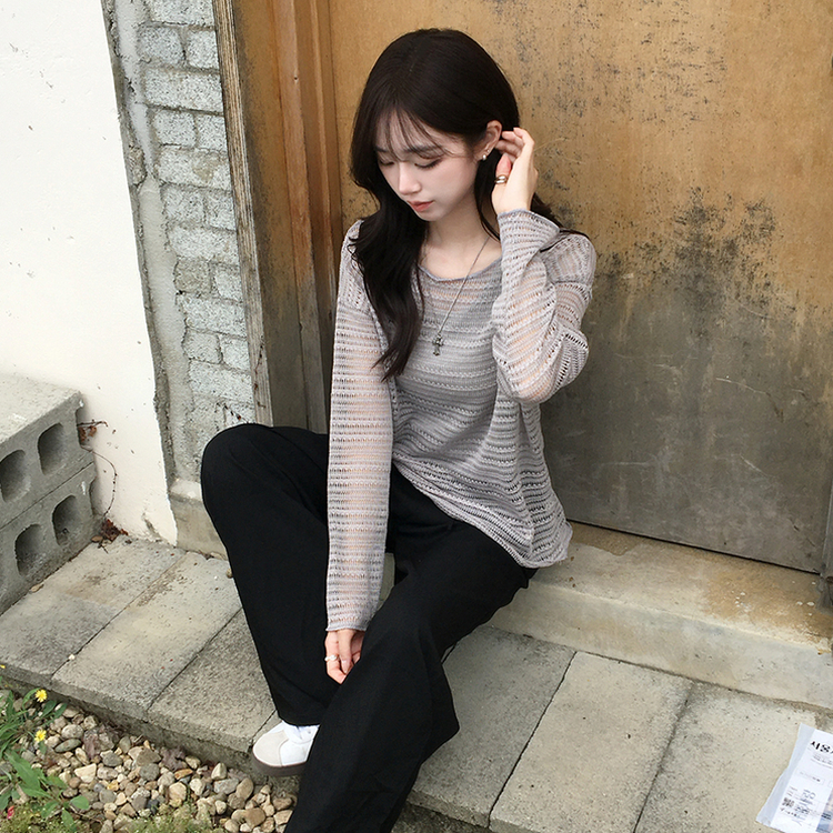 솜사탕 여름 펀칭 보트넥 긴팔 니트 그물 오프숄더 루즈핏 긴팔티 시스루 오버핏 살탐방지 상의 햇빛차단 쿨 티셔츠 5color 그레이