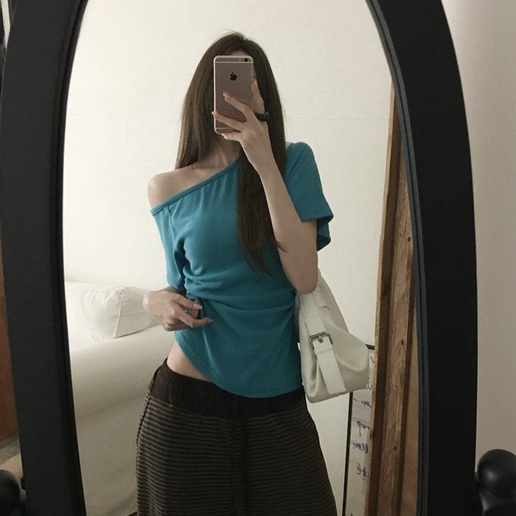 ワンショルダーサイドシャーリングTシャツ AQUA BLUE