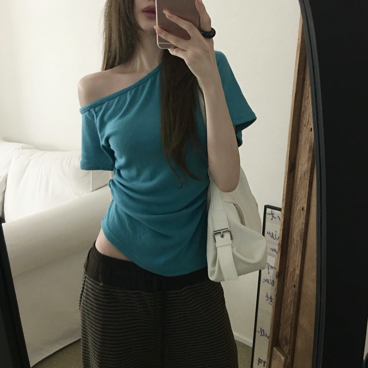 ワンショルダーサイドシャーリングTシャツ AQUA BLUE
