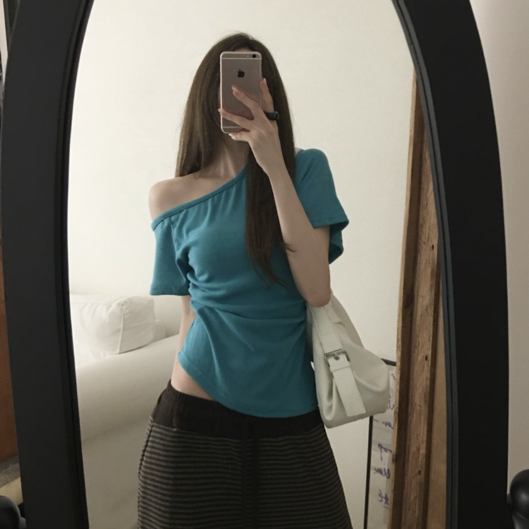 ワンショルダーサイドシャーリングTシャツ AQUA BLUE
