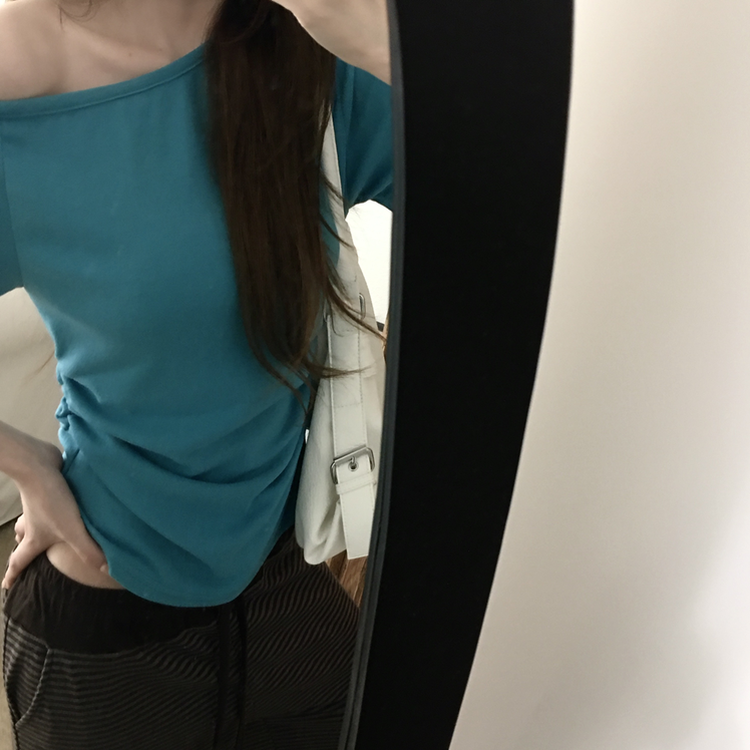 ワンショルダーサイドシャーリングTシャツ AQUA BLUE