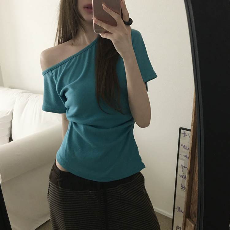 ワンショルダーサイドシャーリングTシャツ AQUA BLUE
