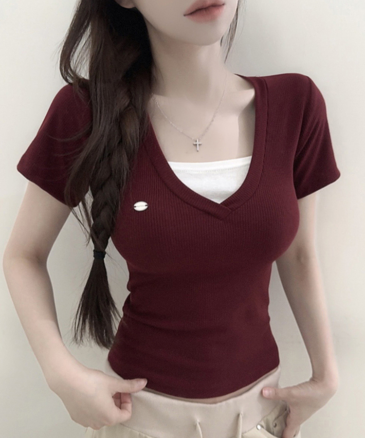 ペンダントVネックレイヤードクロップ半袖Tシャツ RED