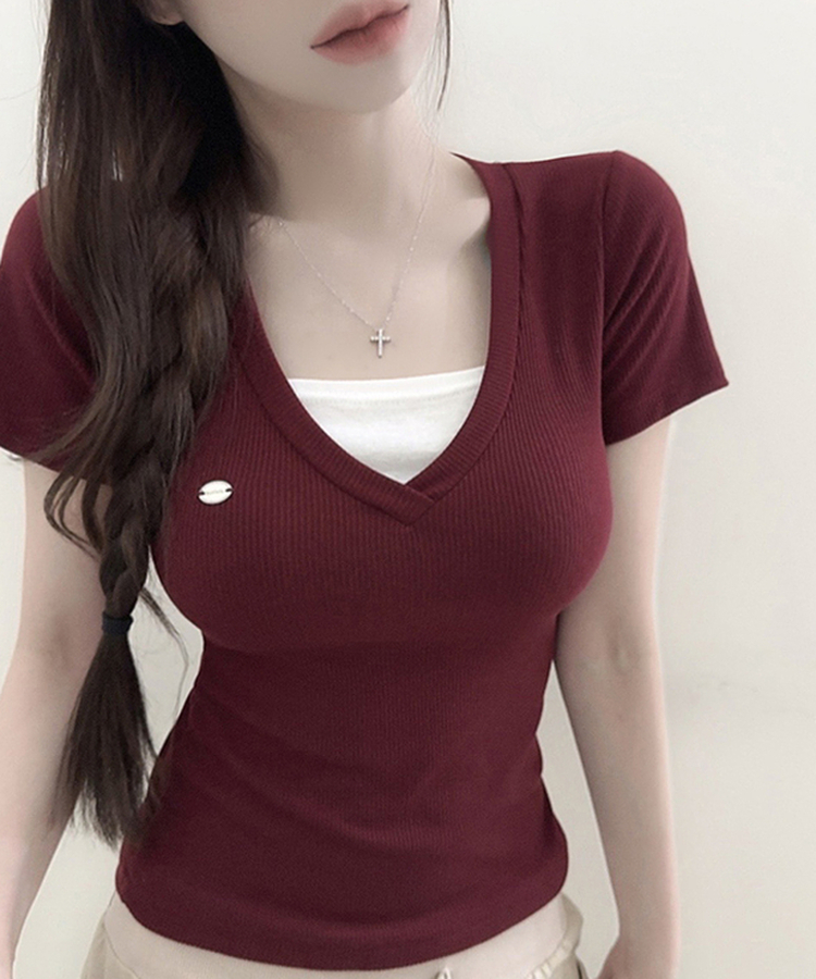 ペンダントVネックレイヤードクロップ半袖Tシャツ RED