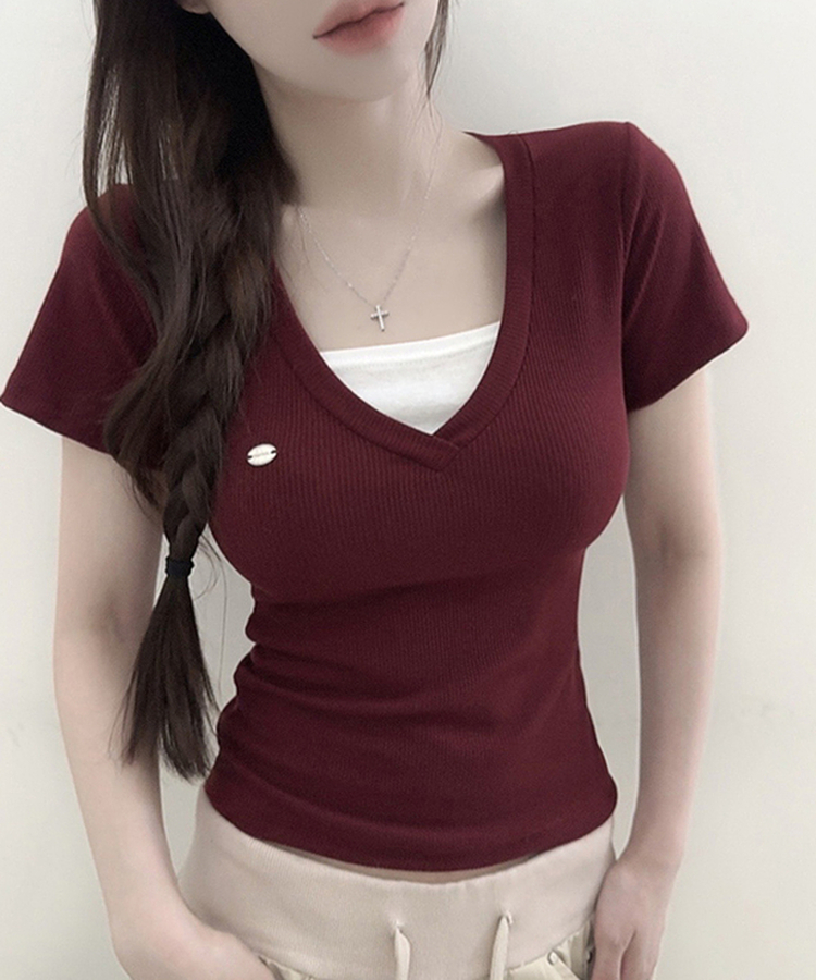 ペンダントVネックレイヤードクロップ半袖Tシャツ RED