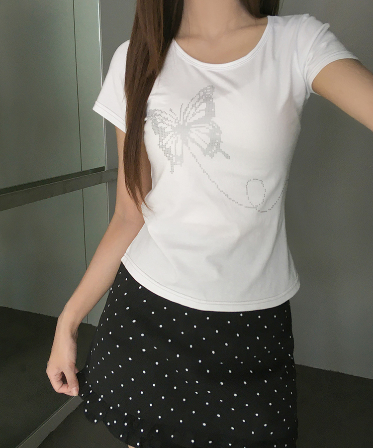 シルバーステッチセミクロップ半袖Tシャツ WHITE