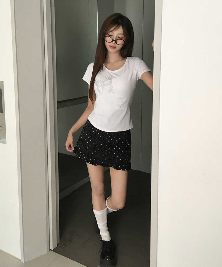 シルバーステッチセミクロップ半袖Tシャツ WHITE