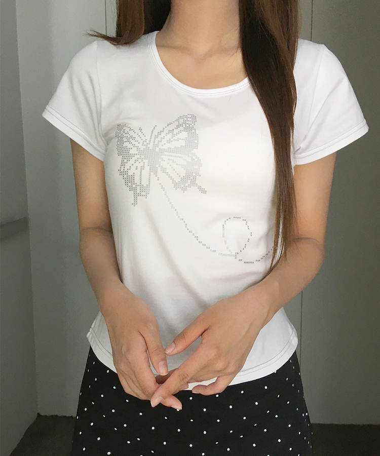 シルバーステッチセミクロップ半袖Tシャツ WHITE