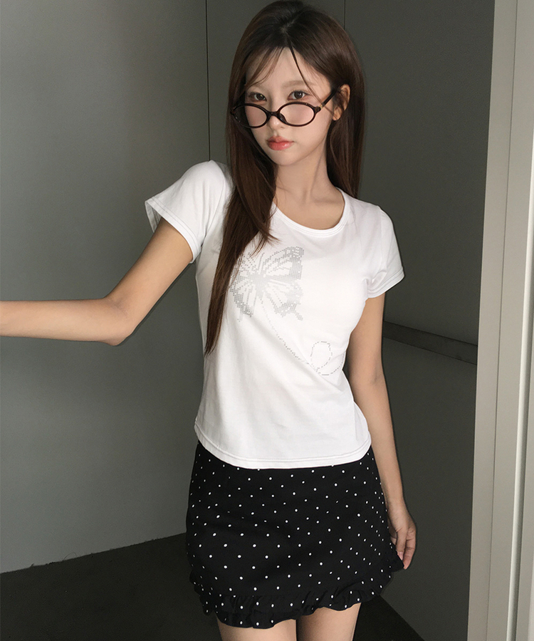 シルバーステッチセミクロップ半袖Tシャツ WHITE