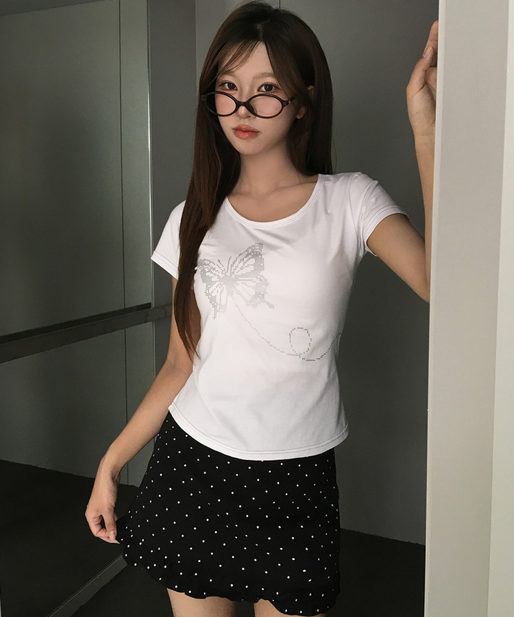 シルバーステッチセミクロップ半袖Tシャツ WHITE