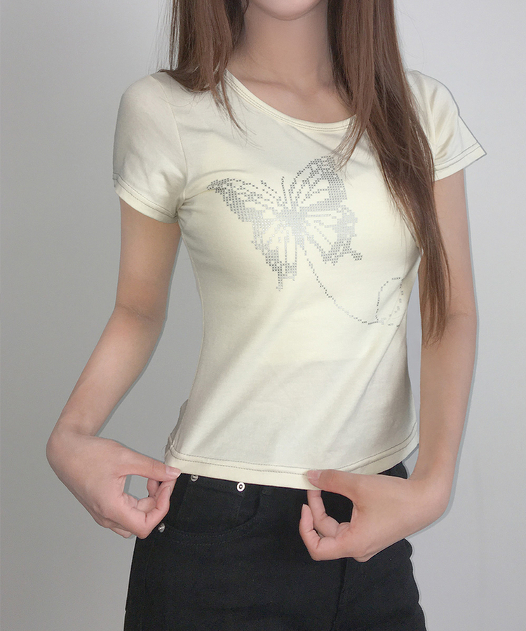 シルバーステッチセミクロップ半袖Tシャツ YELLOW