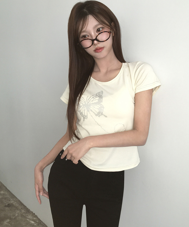 シルバーステッチセミクロップ半袖Tシャツ YELLOW