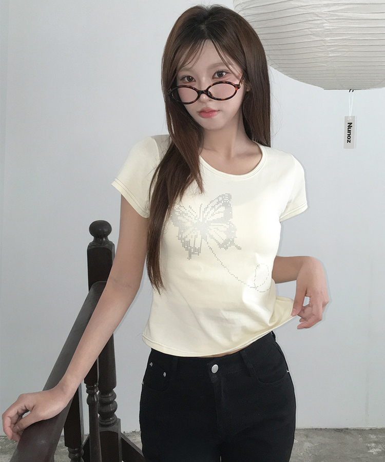 シルバーステッチセミクロップ半袖Tシャツ YELLOW