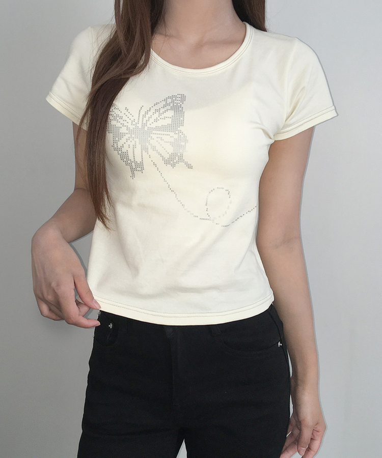 シルバーステッチセミクロップ半袖Tシャツ YELLOW