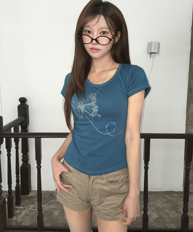 シルバーステッチセミクロップ半袖Tシャツ TEEL BLUE