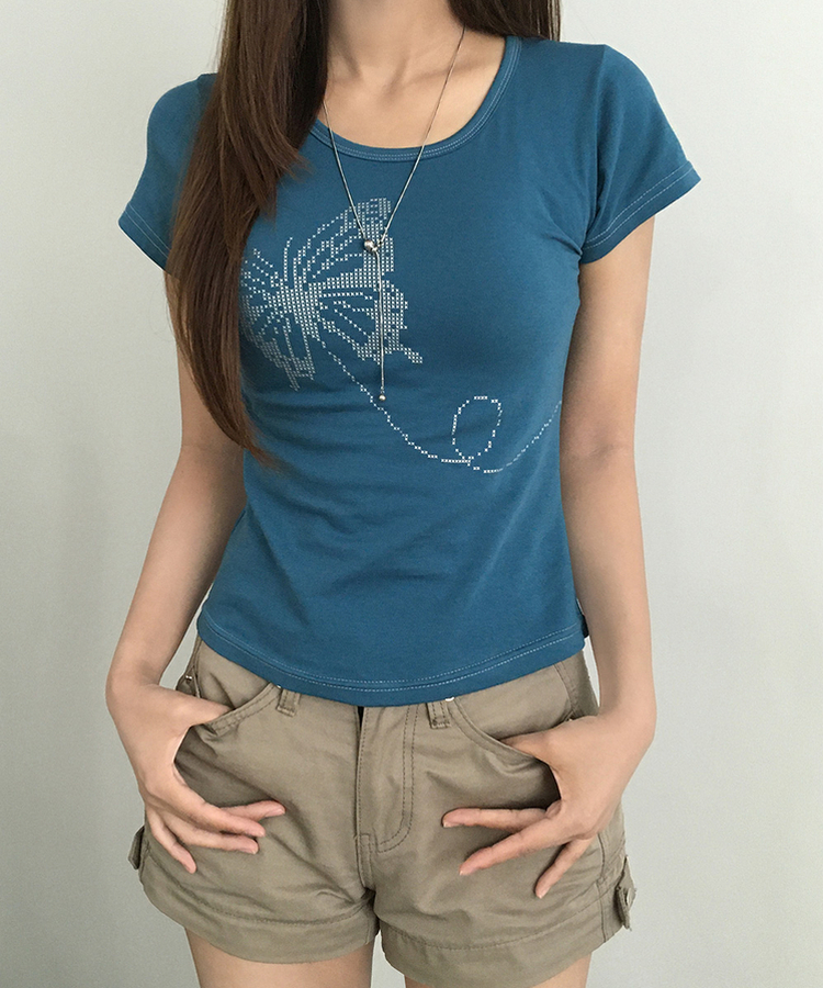 シルバーステッチセミクロップ半袖Tシャツ TEEL BLUE