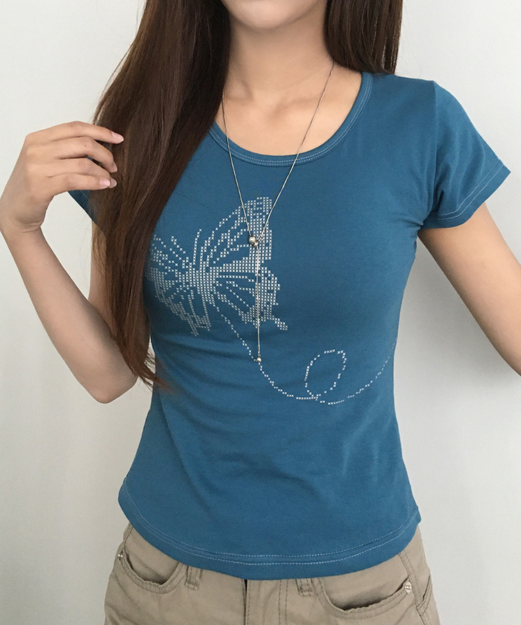 シルバーステッチセミクロップ半袖Tシャツ TEEL BLUE