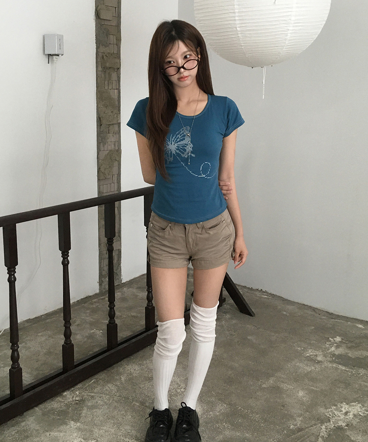 シルバーステッチセミクロップ半袖Tシャツ TEEL BLUE