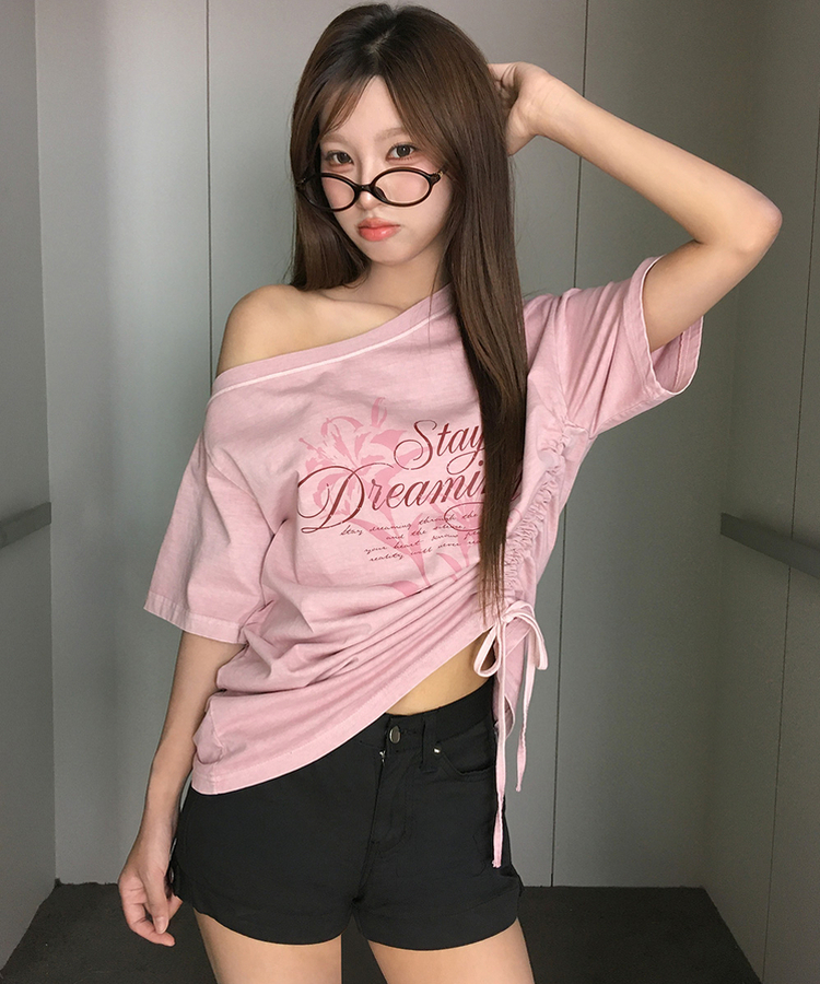 ワンショルダーシャーリング半袖Tシャツ PINK