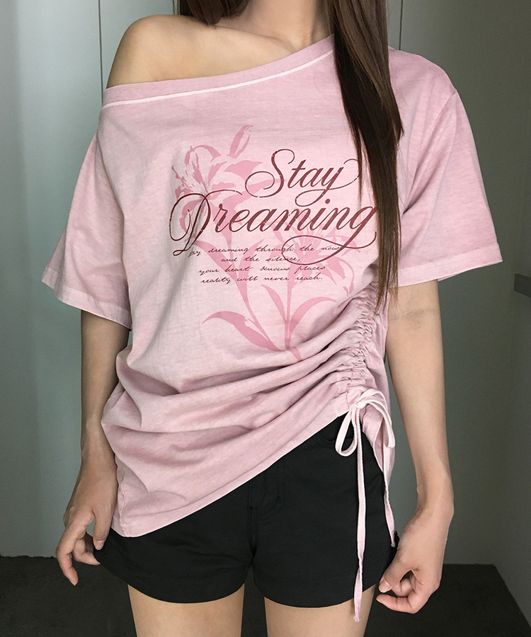 ワンショルダーシャーリング半袖Tシャツ PINK