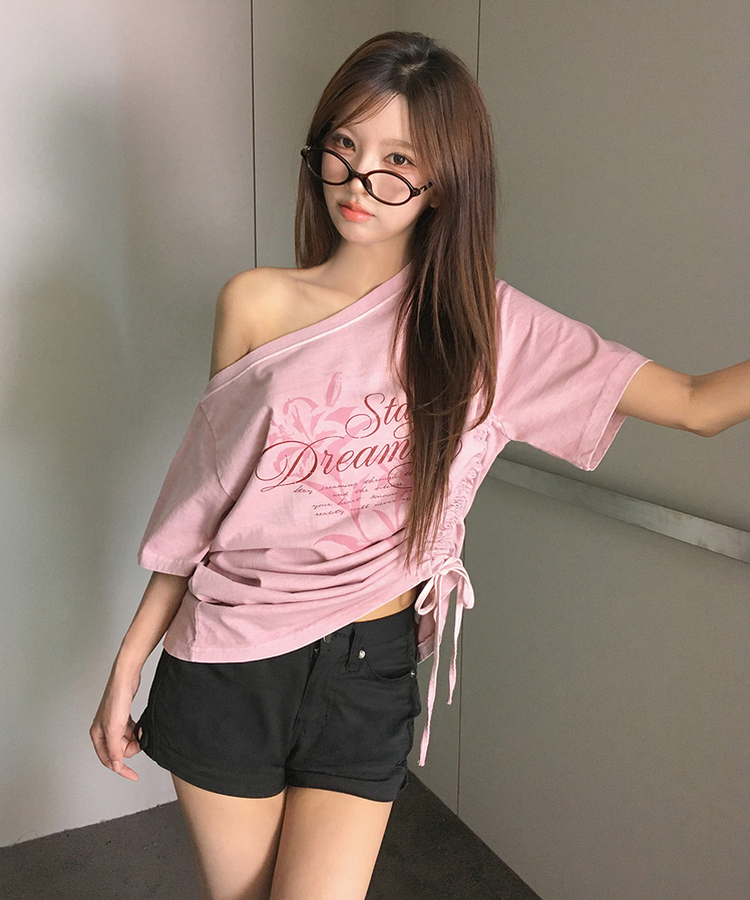ワンショルダーシャーリング半袖Tシャツ PINK