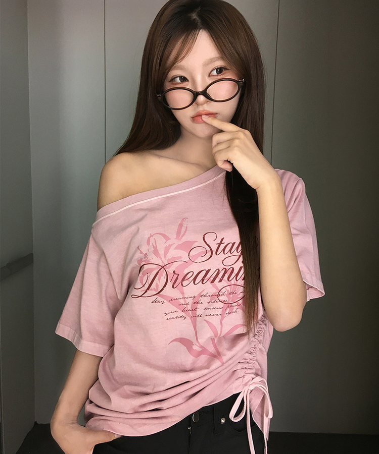 ワンショルダーシャーリング半袖Tシャツ PINK