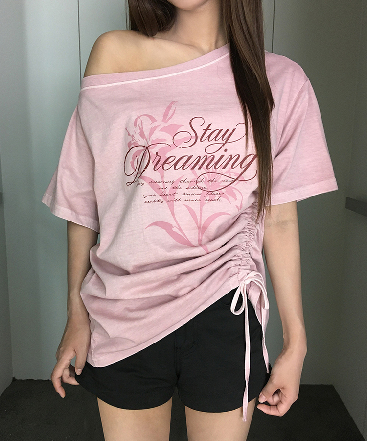 ワンショルダーシャーリング半袖Tシャツ PINK