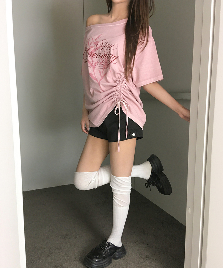 ワンショルダーシャーリング半袖Tシャツ PINK