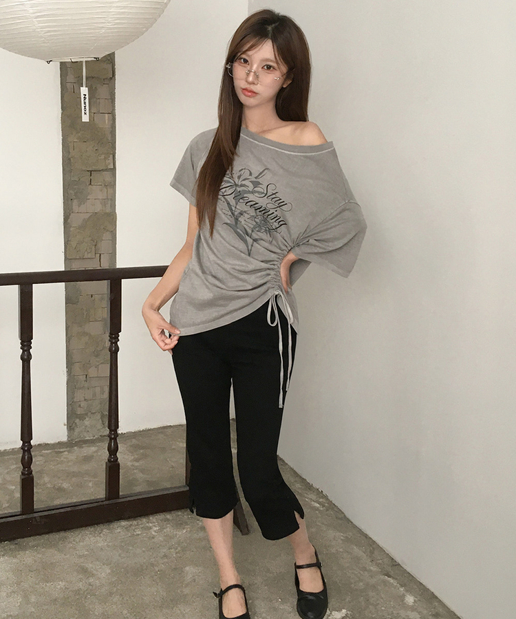 ワンショルダーシャーリング半袖Tシャツ GREY