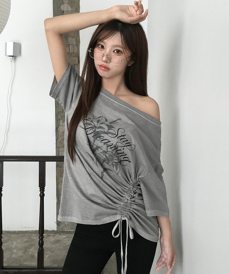 ワンショルダーシャーリング半袖Tシャツ GREY