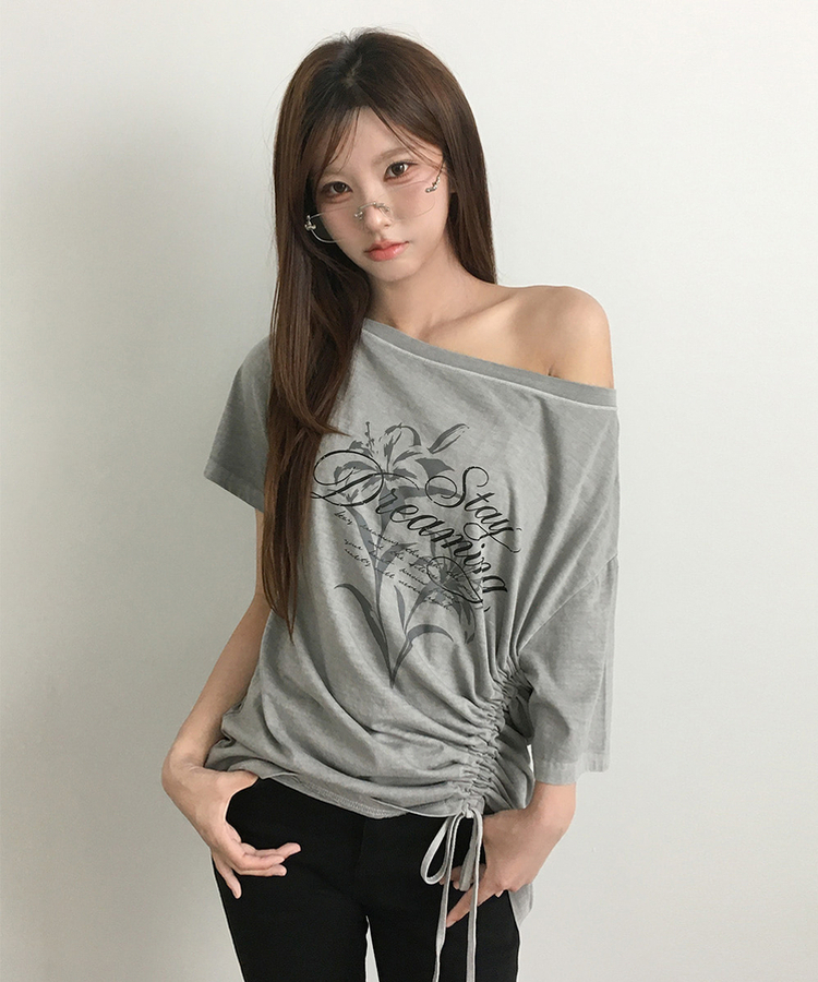 ワンショルダーシャーリング半袖Tシャツ GREY
