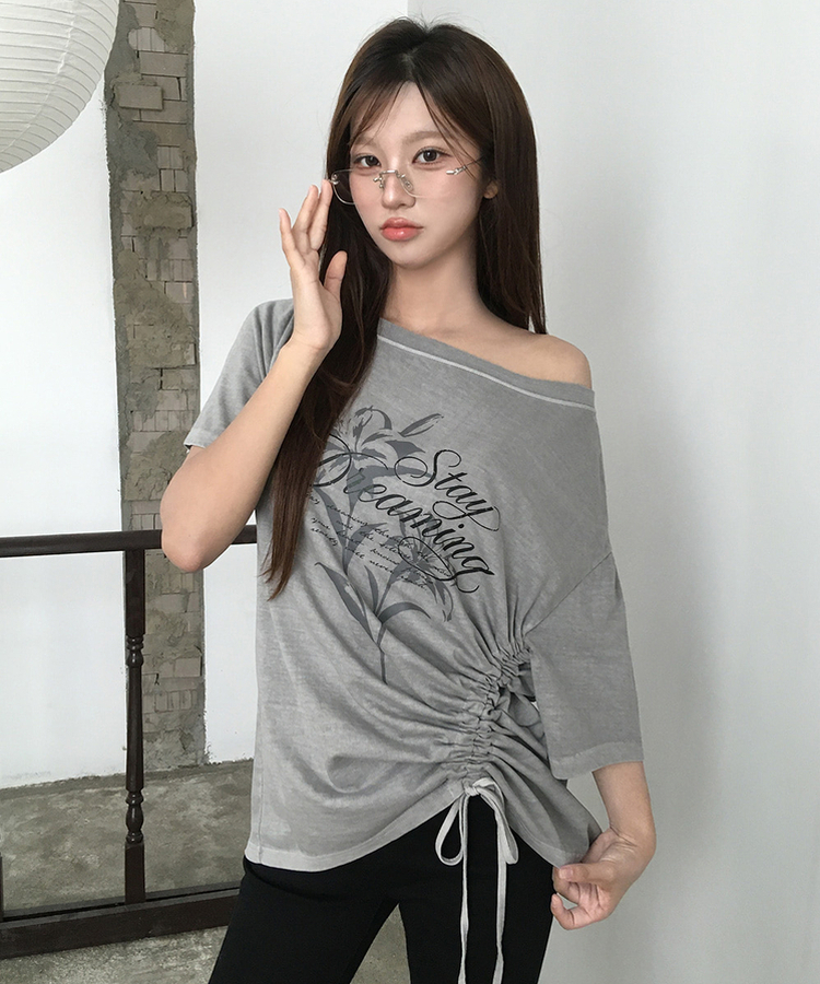 ワンショルダーシャーリング半袖Tシャツ GREY