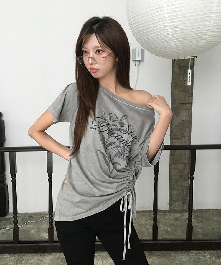 ワンショルダーシャーリング半袖Tシャツ GREY