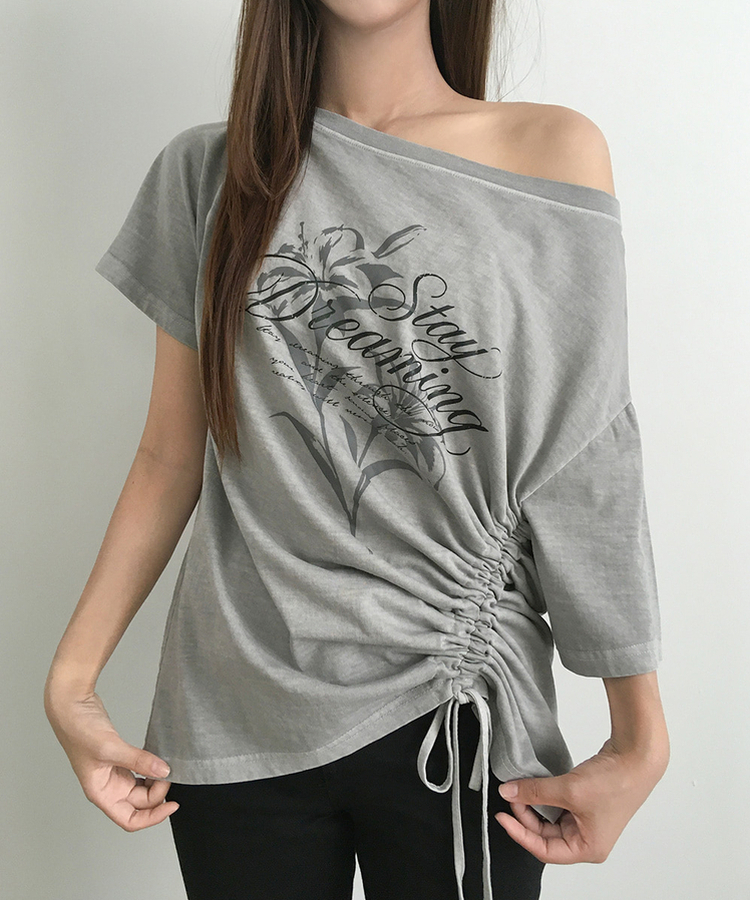 ワンショルダーシャーリング半袖Tシャツ GREY