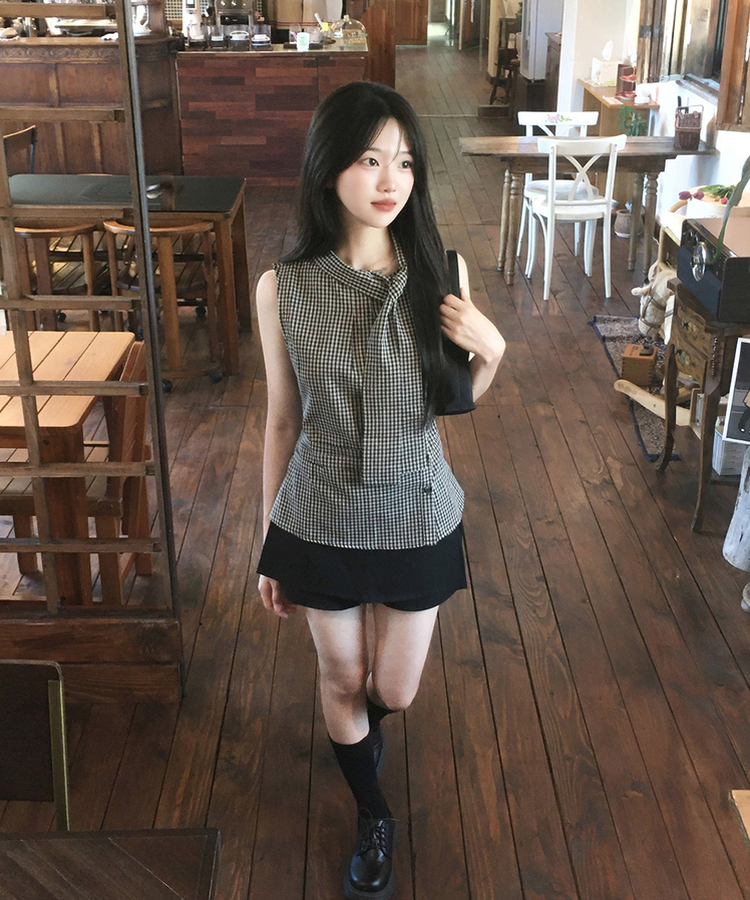 チェックリボンキャミソールブラウス BLACK