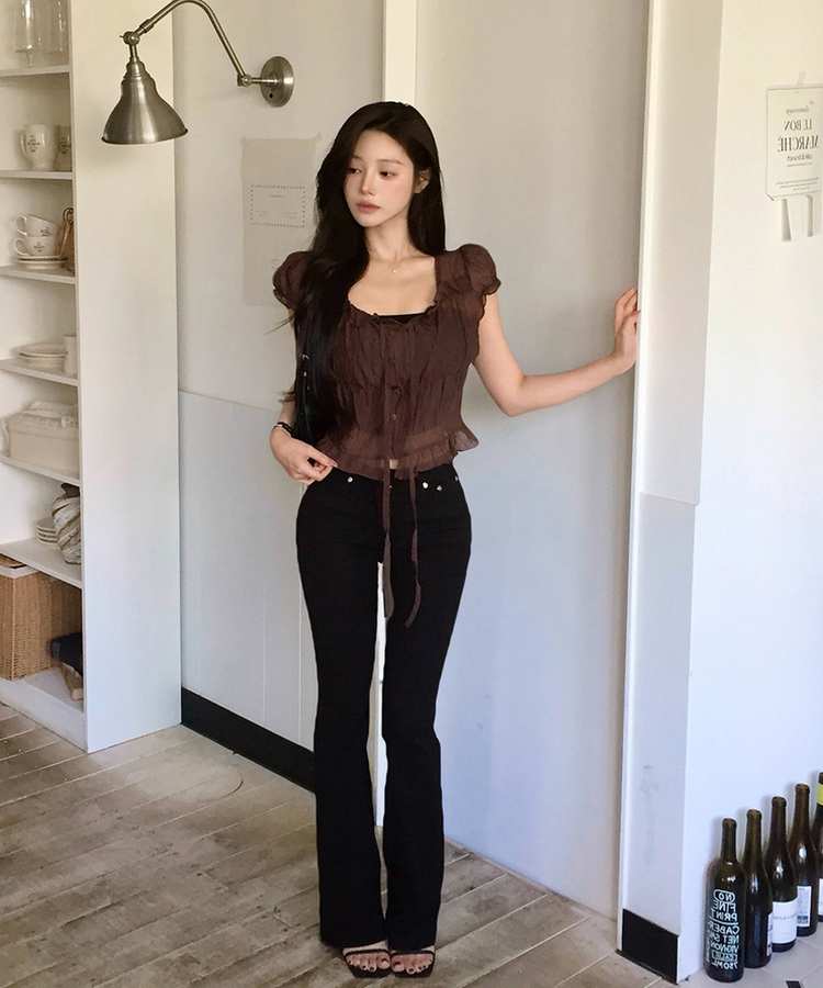 シアーフリルリボンブラウス BROWN