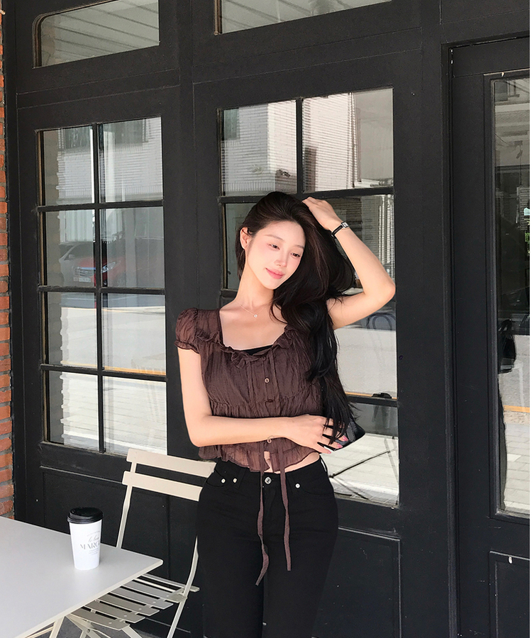シアーフリルリボンブラウス BROWN