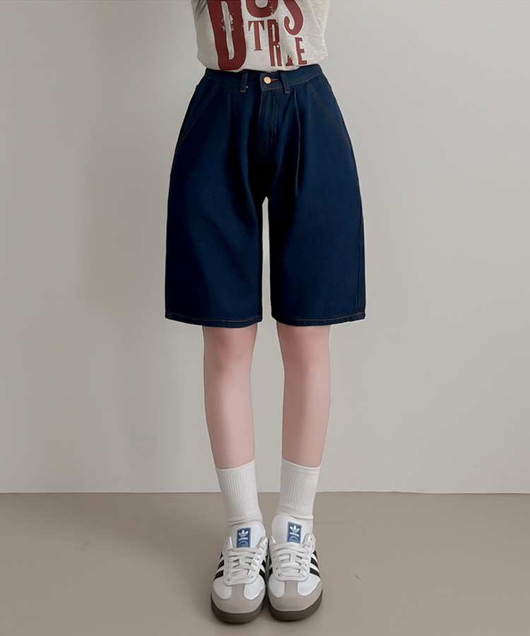 ピンタックデニムバミューダパンツ DARK BLUE