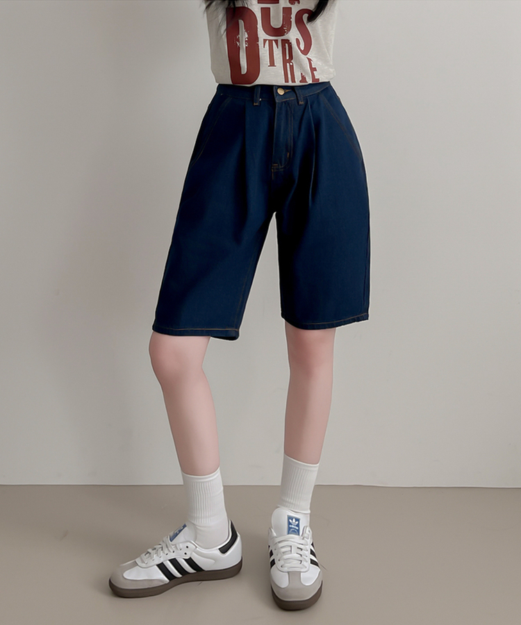 ピンタックデニムバミューダパンツ DARK BLUE