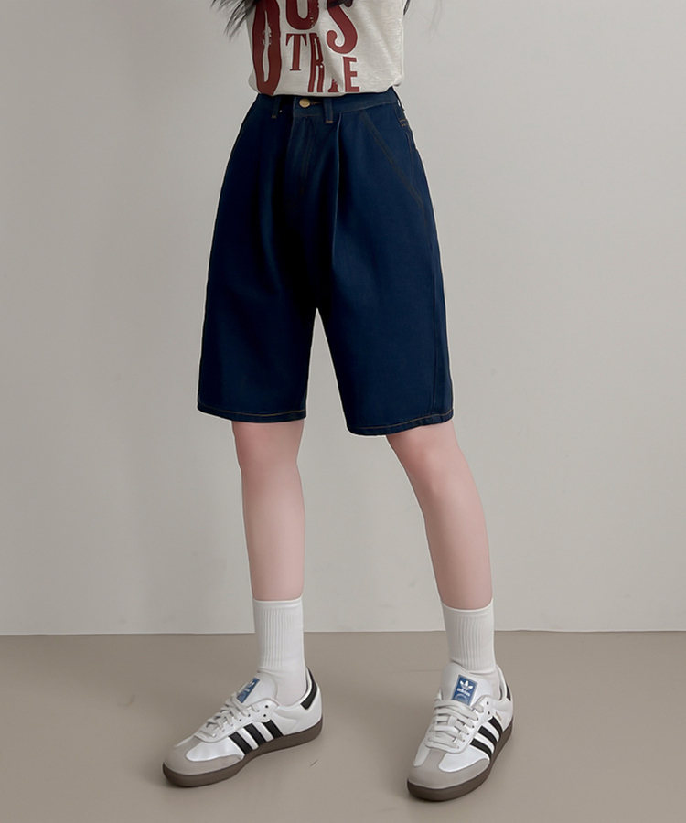 ピンタックデニムバミューダパンツ DARK BLUE