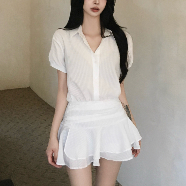 ストライプスモックバンディングミニワンピース WHITE