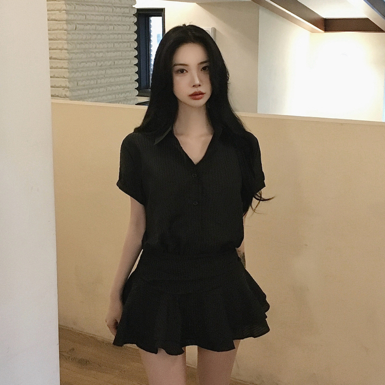 ストライプスモックバンディングミニワンピース BLACK